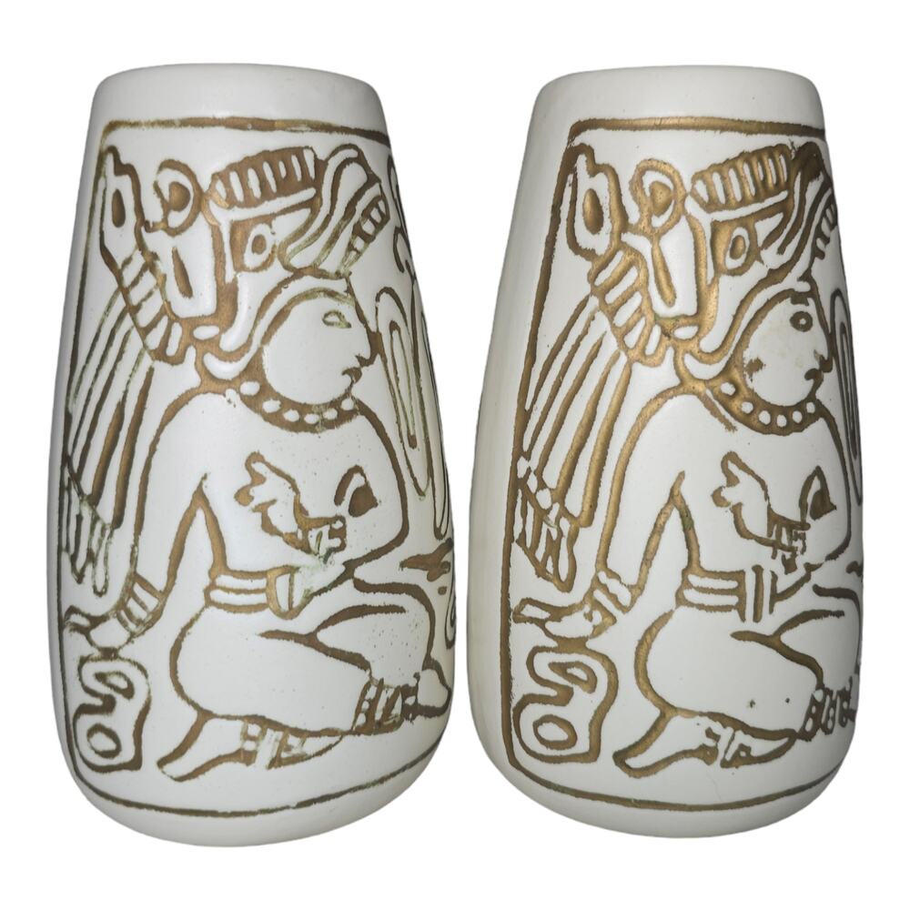 Vintage Mid-Century Mayan Aztec Native Design Vase Pair Cream Gold USA Made - Picture 12 of 16